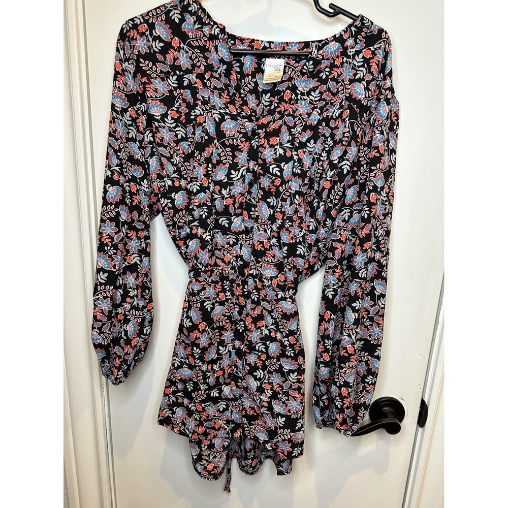 Terra & Sky Womens Floral Long Sleeve Button Front Tie Waist Blouse Black 0X 14W